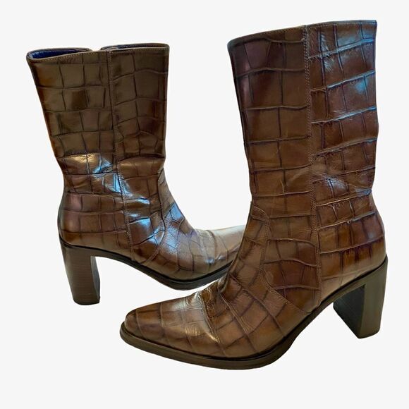 EUC Fabulous VicMatie Brown croc-embossed leather Cowboy Boots - Picture 4 of 9